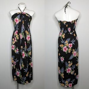 Aloha Hut Hawaii black pink tie halter neck dress L